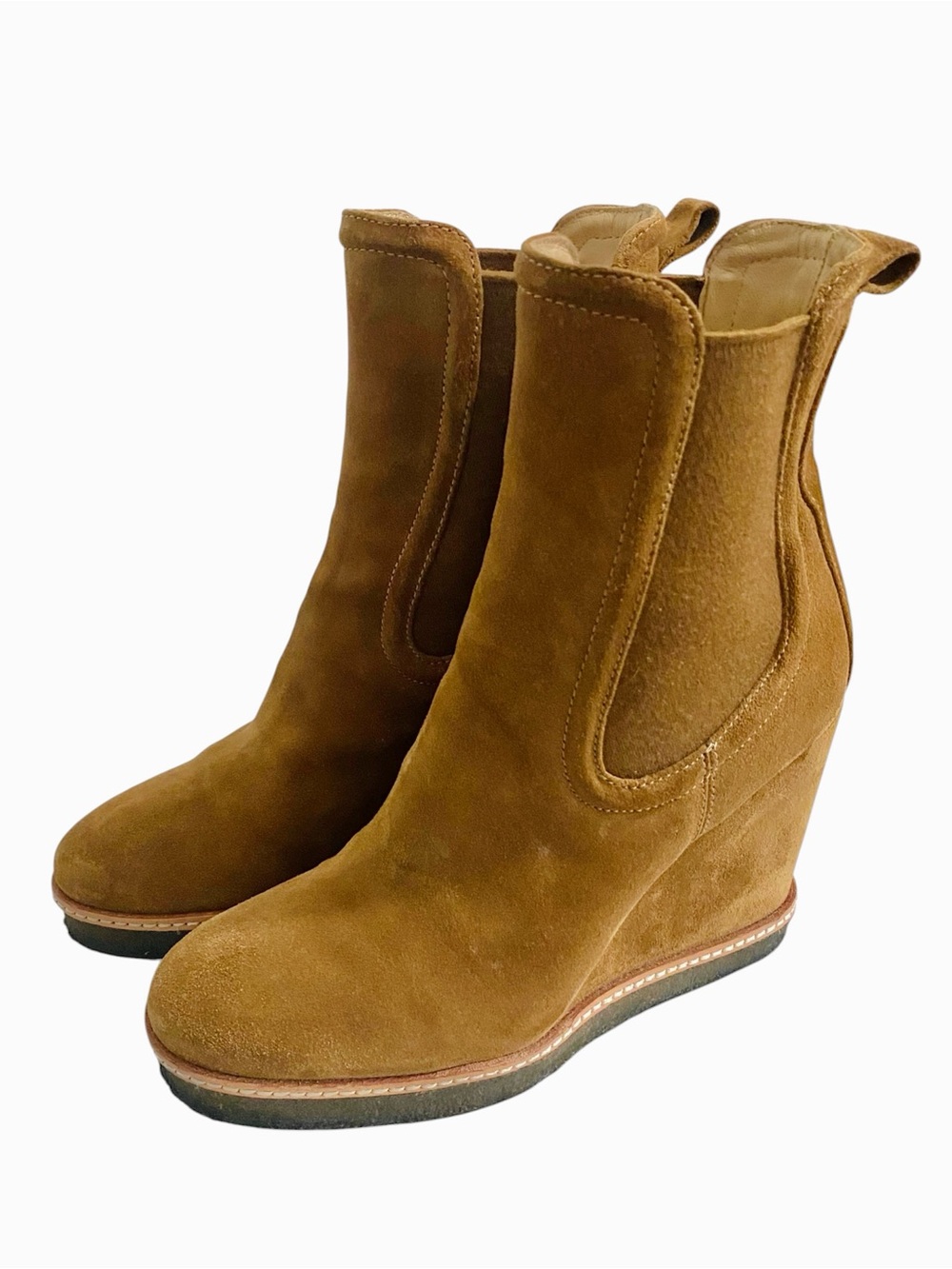 Veronica Beard Aari Wedge Heel Chelsea Boots Size 8 Brown Leather Suede - Picture 5 of 13